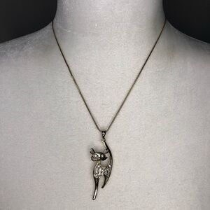 Gold Tone Bling Rhinestone Sassy Cat Necklace